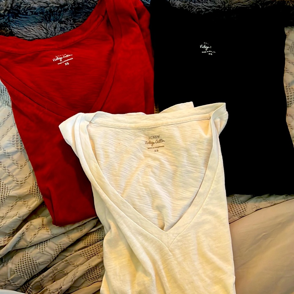(3) J.Crew Vintage Cotton V-Neck Shirts, Size XS, White, Red, Black